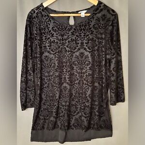 CATO L Black Filigree Velvet Burnout 3/4 Sleeve Blouse